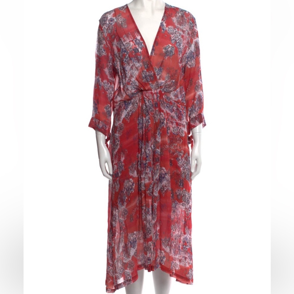 IRO Red Asymmetrical Sundress with Bishop Sleeves